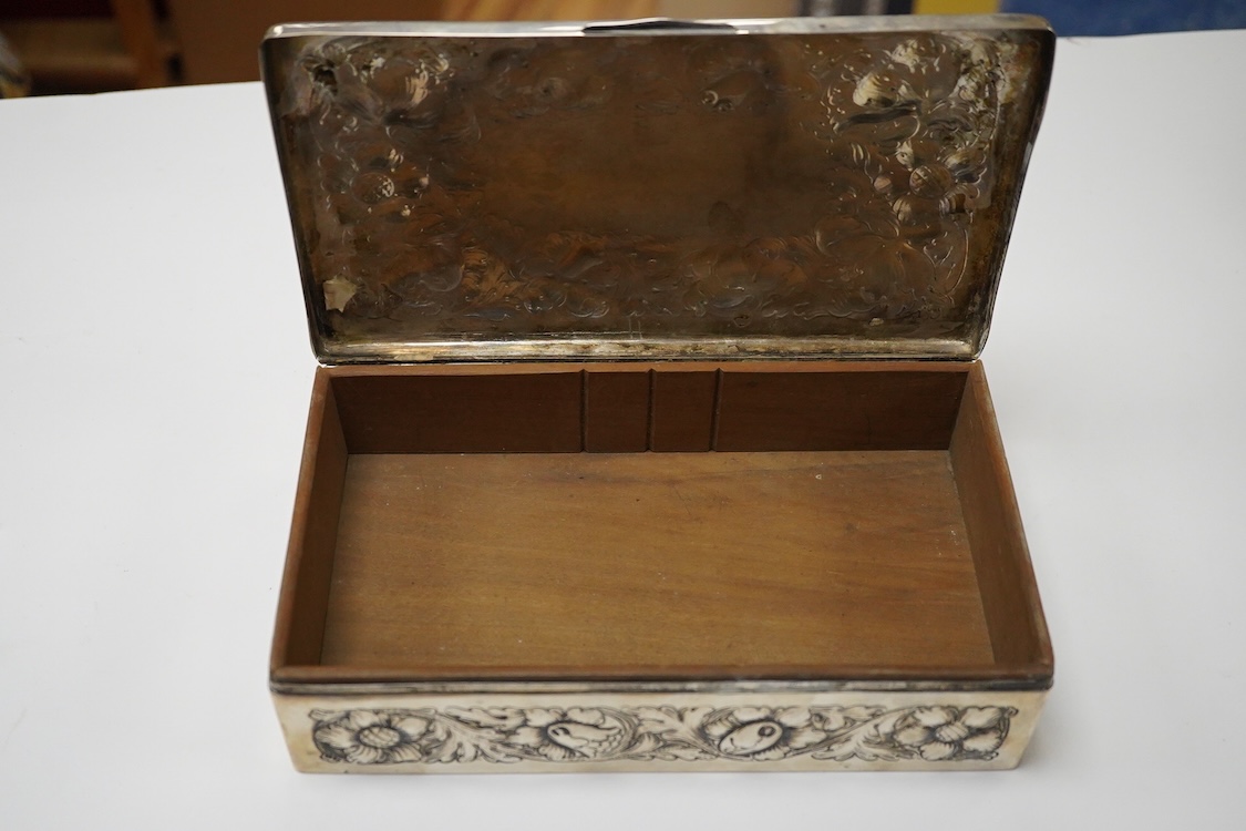 A Norwegian embossed 830 standard white metal mounted rectangular cigarette box, by J. Tostrup, 23.1cm.